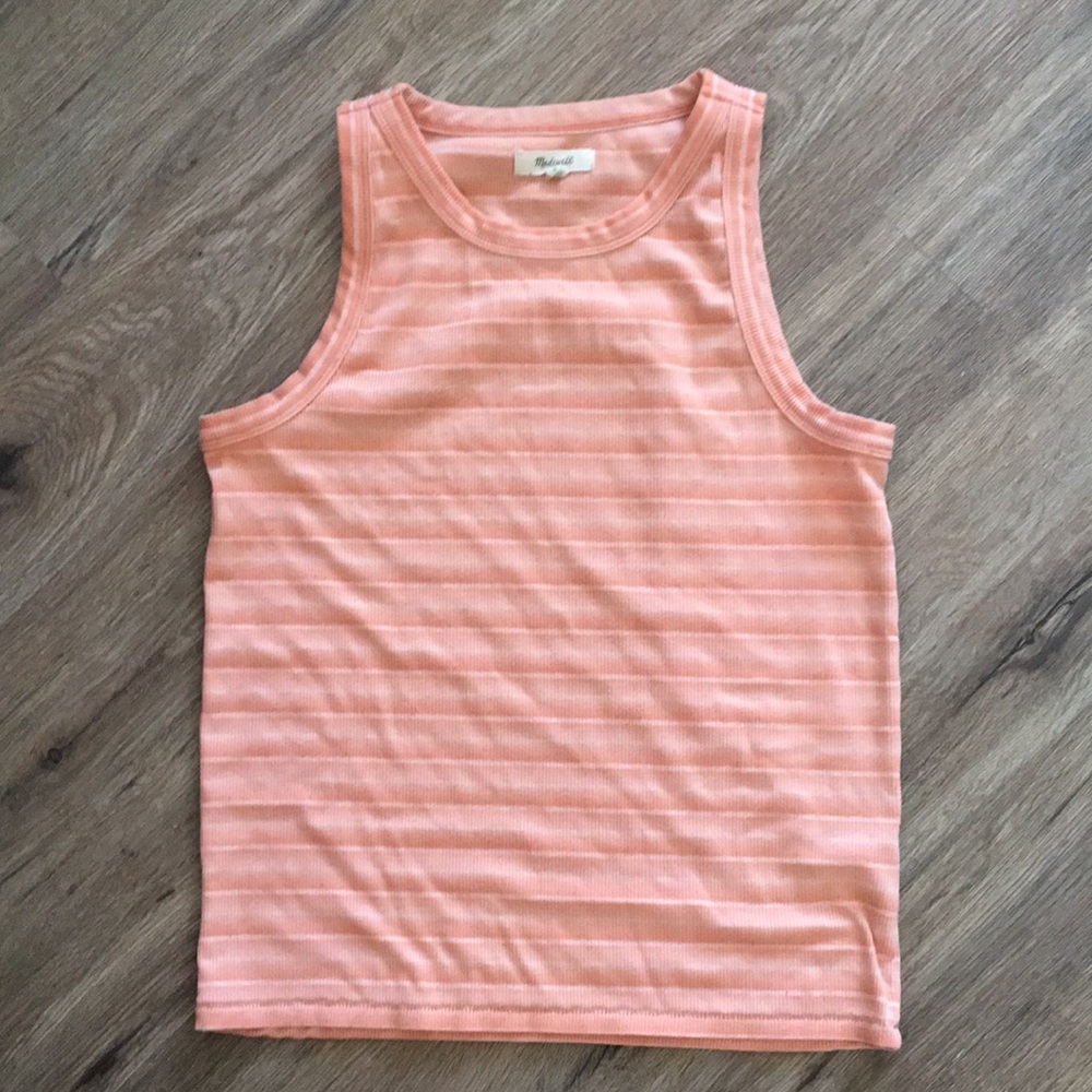 Madewell, medium tank top. Coral, white stripes.